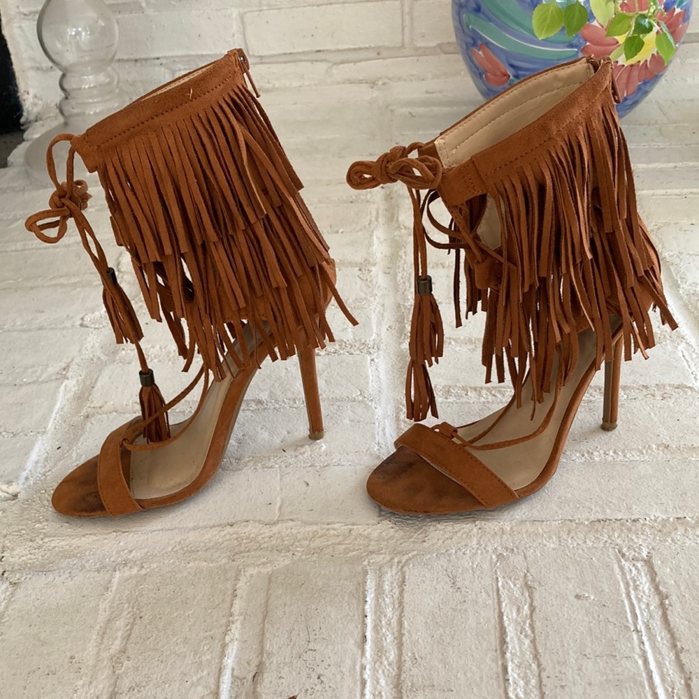 Tan faux suede fringe lace up heeled sandals